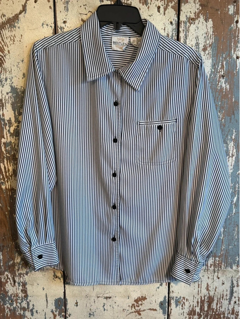 Vintage Bentley Black White Vertical Stripe button down shirt size medium